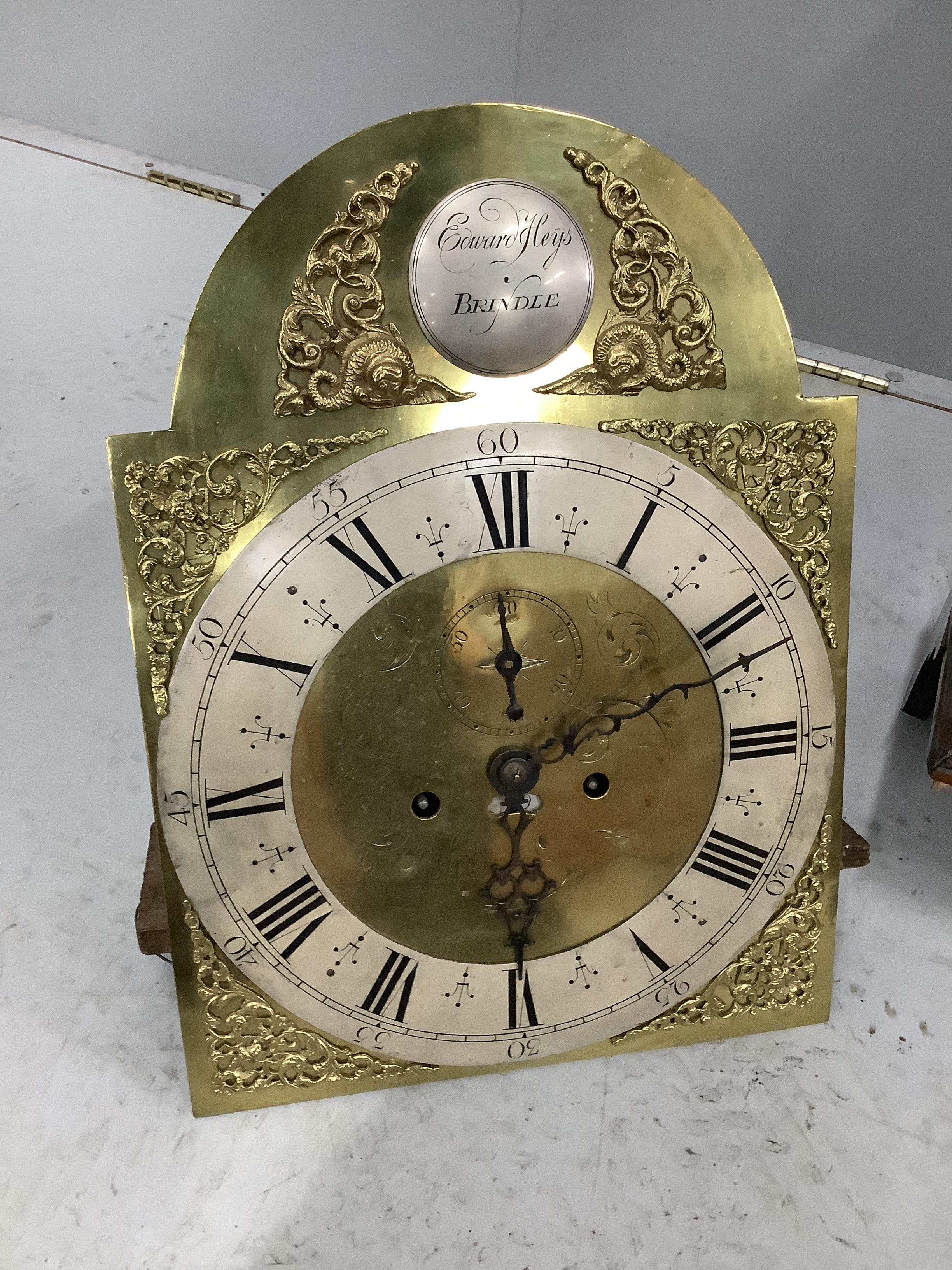 An early 19th century inlaid oak eight day longcase clock, marked Edward Heys, Brindle, in need of restoration, missing a weight and pendulum, height 232cm